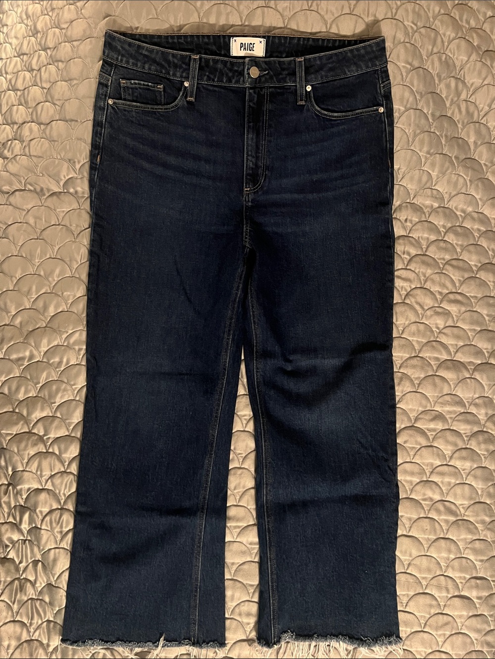 PAIGE Leenah Ankle Dark Indigo Cropped Straight Jeans with Raw Hem